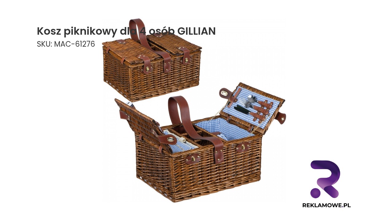 Kosz piknikowy dla 4 osób GILLIAN Kosz piknikowy dla 4 osób GILLIAN – elegancki zestaw na piknik dla rodziny i przyjaciół