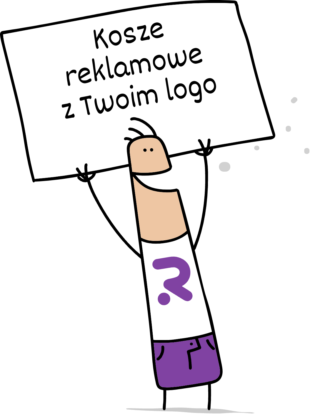 Buddy trzymający napis kosze reklamowe z Twoim logo